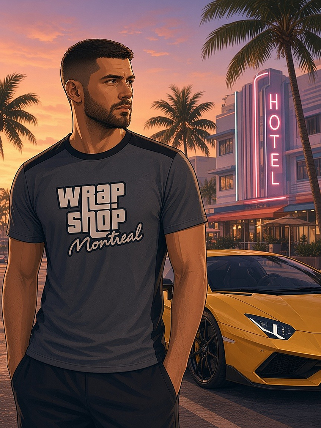 Wrap Shop Montreal with a yellow supercar on a neon street